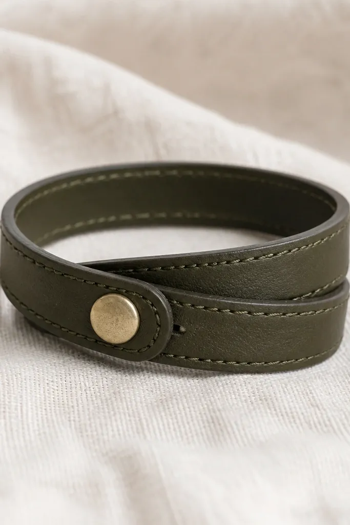 A dark olive leather wrap bracelet with a brass button and a simple stitched edge, laid flat on a light linen fabric; one wrap overlaps the other.