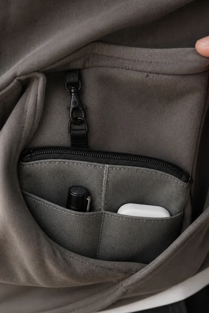 A small fabric pouch with two sections sewn into it, made from gray canvas with a black zipper and a stitched interior divider; it's shown clipped inside a hoodie pocket.