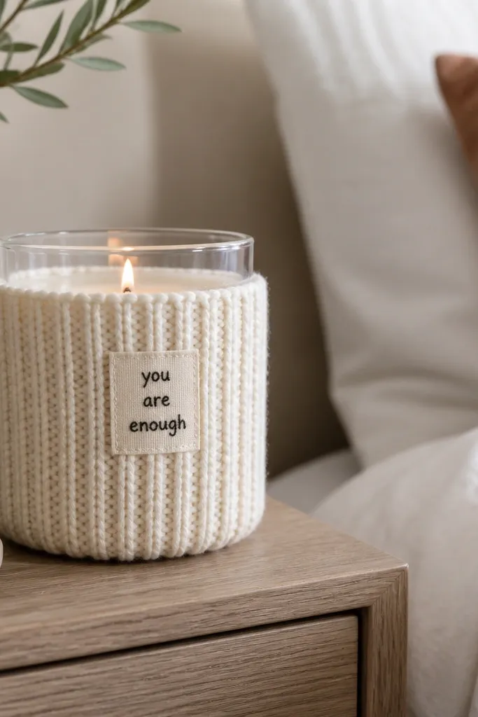 A clear glass candle jar wrapped in a rib knit sleeve in cream, with a small stitched fabric tag that reads a short phrase in dark thread; the jar sits on a bedside table.