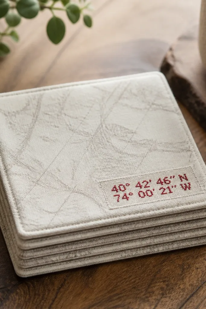 A square set of coasters with a subtle printed map background, each one has embroidered coordinates in small cross-stitch in dark red thread; the pieces are stacked neatly.