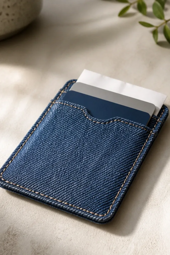 A slim card holder made from recycled blue denim with stitched edges and a small top opening; it's shown holding two cards and a folded receipt.