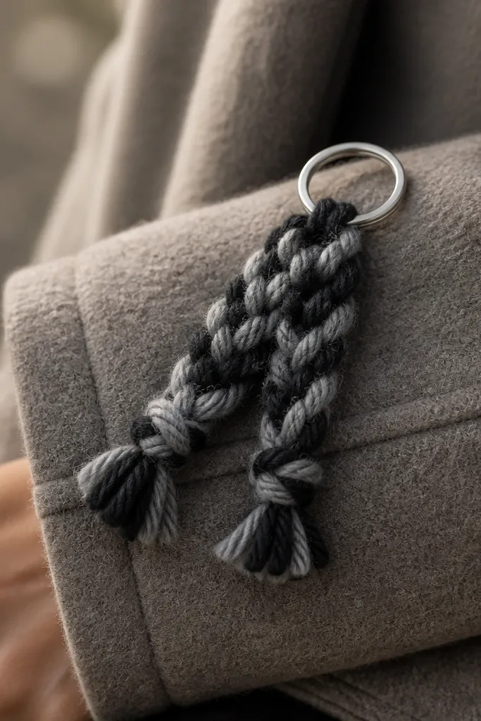 A mini scarf keychain made from thick gray and black yarn braided and knotted at the ends, with a small metal key ring attached; it's photographed on a coat sleeve.