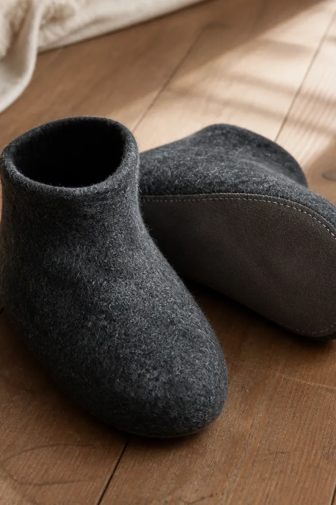 A pair of handmade felt slippers in deep charcoal with a curved suede-like sole patch, photographed on a wooden floor; the slippers show a snug ankle opening.