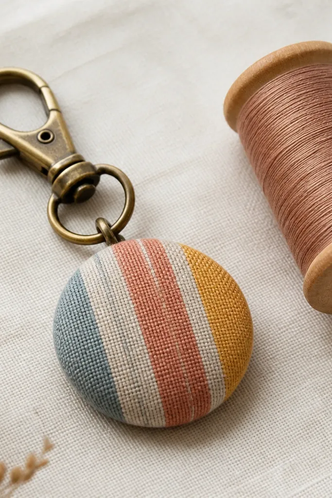 A keychain featuring a covered fabric button pendant with a small loop and a metal clasp, shown next to a spool of thread; the fabric is patterned in muted stripes.