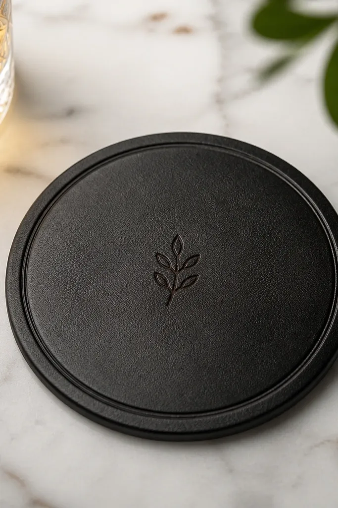 A single leather coaster in black with a lightly embossed border and a small burned-in icon in the center; the leather shows a smooth, polished finish.