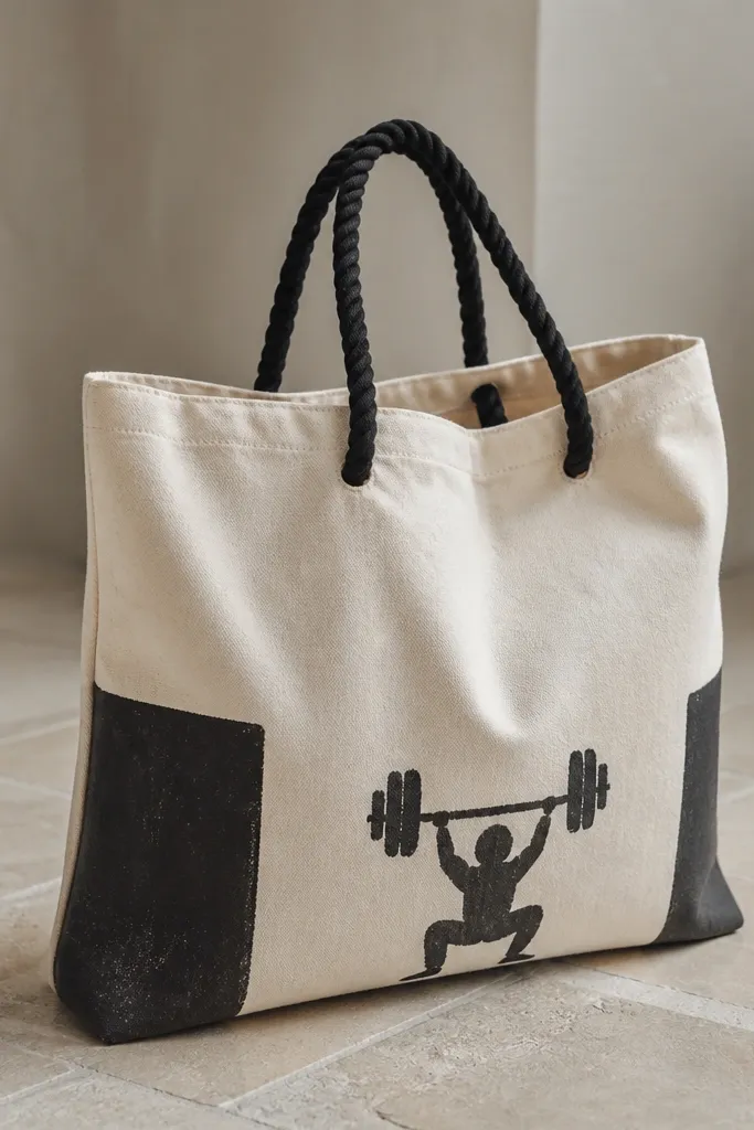 A cream canvas tote with black rope handles, hand-painted block letters near the bottom, and a small painted gym icon; it's photographed on a tiled floor.