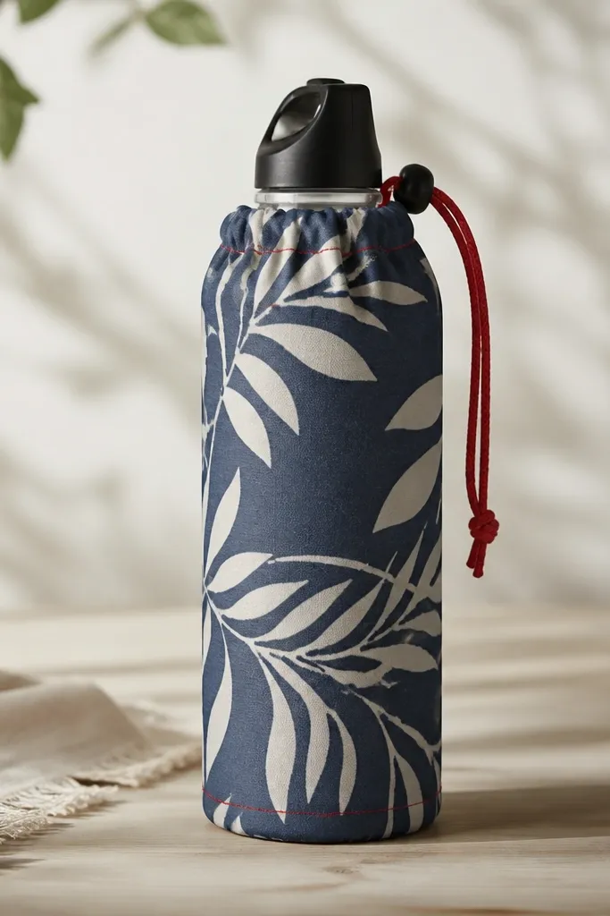 A reusable bottle insulator made from patterned fabric with a cinch cord at the top, showing contrast stitching in red; it's wrapped around a water bottle.