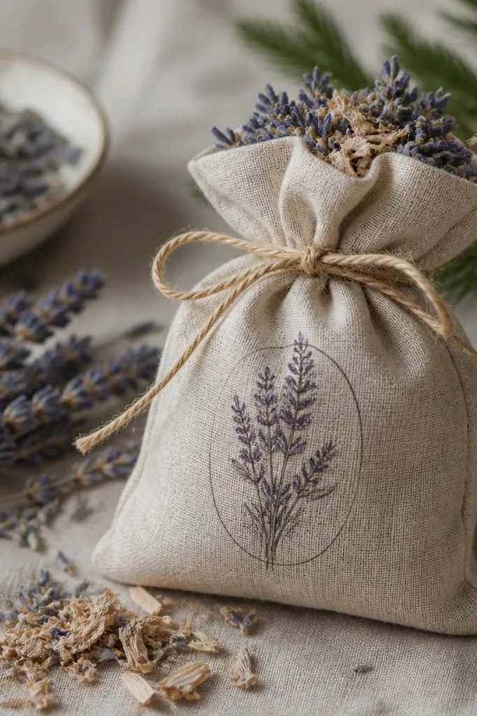 A small linen pouch tied with twine, filled with dried lavender and cedar shavings; the pouch has a stamped label with tiny handwriting-style text.