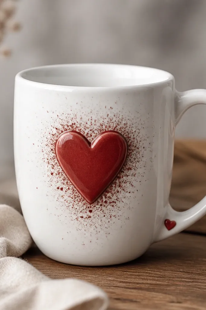 A white ceramic mug with a centered raised red heart. Around the heart is a thin ring of dark red and terracotta speckles that fade outward like a glaze drip, with a small matching heart accent near the handle base.