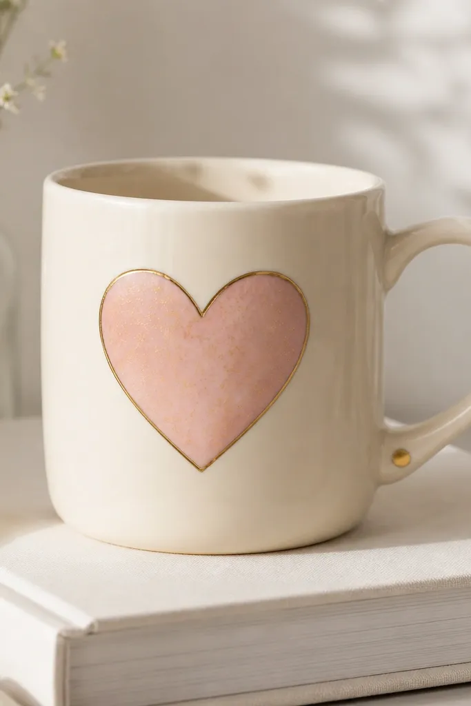 A cream mug with a blush pink heart centered on the front. The heart has a thin gold leaf outline and faint gold flecks inside the blush, with a tiny gold dot at the base of the handle.