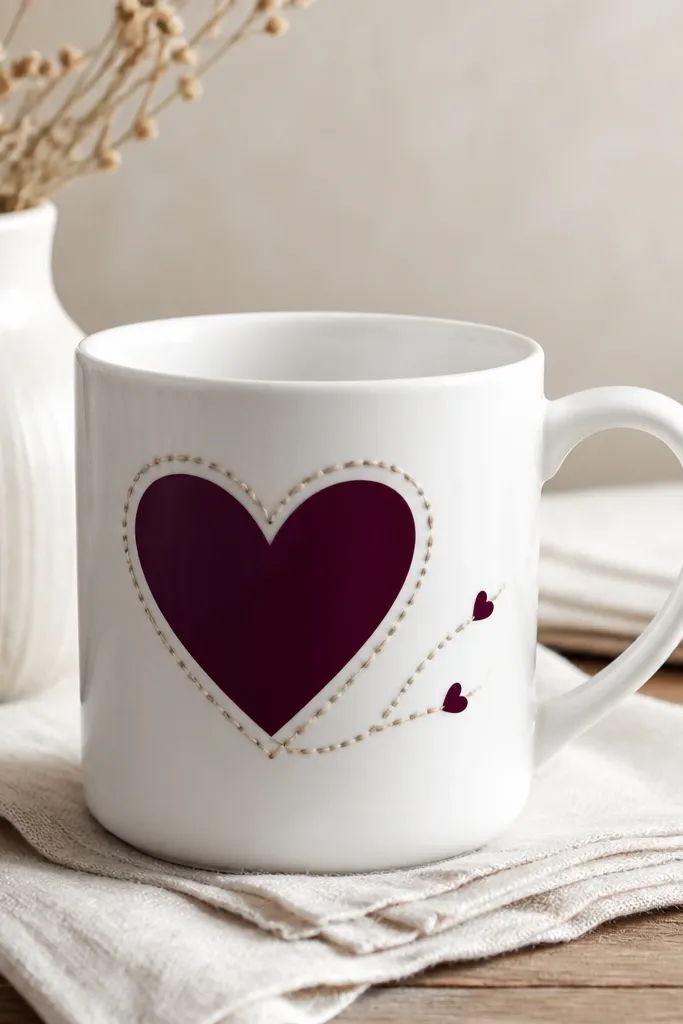 A white mug with a deep plum heart. Around the heart are thin cream lines that look like stitched embroidery, with two small heart "threads" leading toward the handle.
