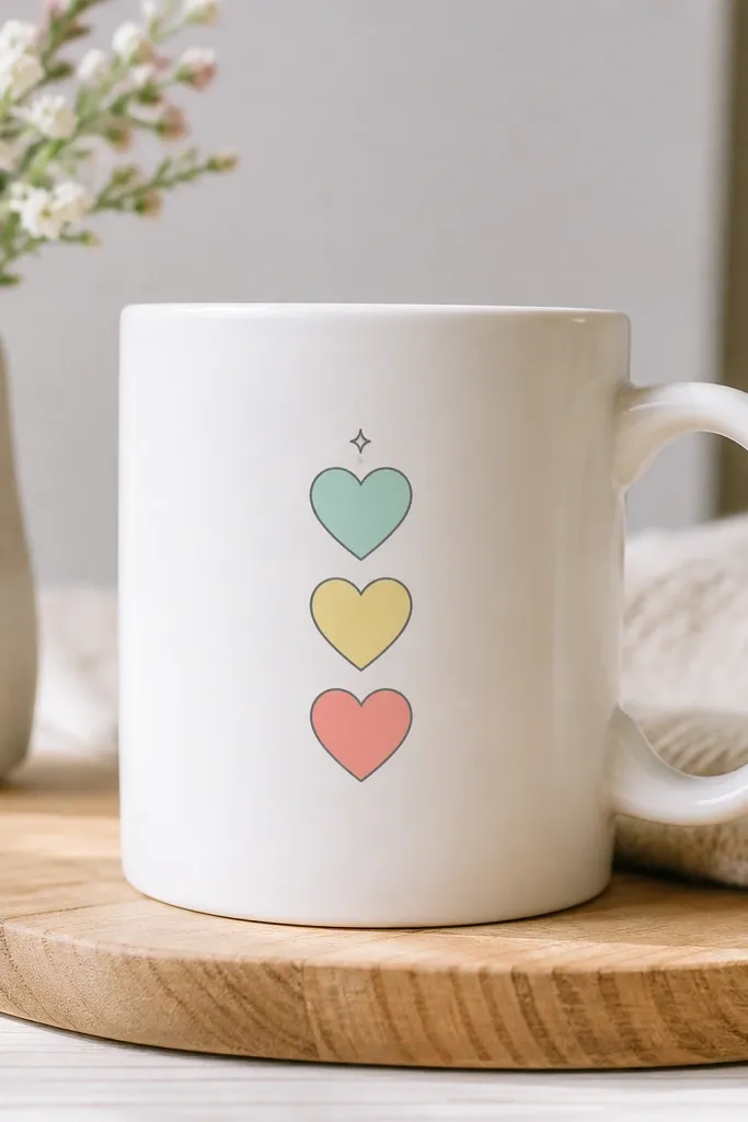 A white mug with three stacked hearts: mint at the top, pale yellow in the middle, and soft coral at the bottom. Each heart has a tiny outline in light gray, with a small sparkle dot above the top heart.