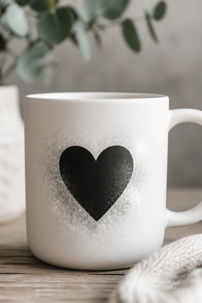 A matte white mug with a single bold black heart centered on the front. The heart has a soft white speckle wash around it, like chalk dust, with a faint gray shadow behind the heart.