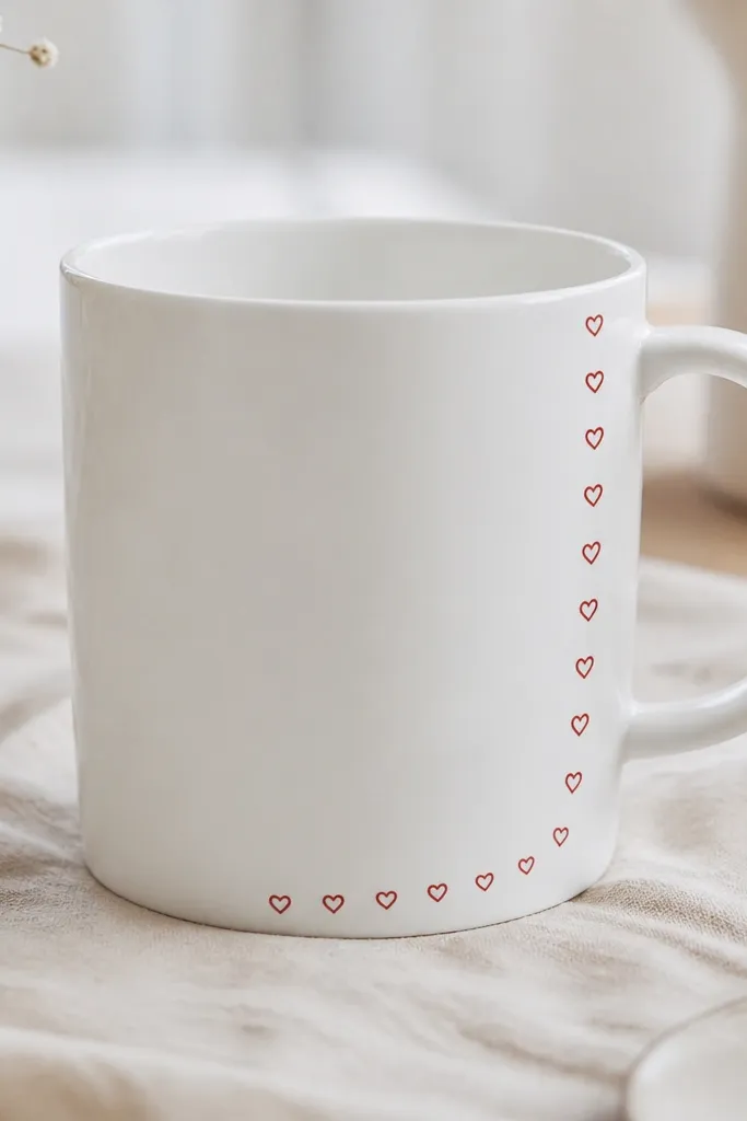 A white mug with a thin border of tiny red hearts wrapping from one side toward the handle. The hearts are small, evenly spaced, and outlined in a darker red, with the main front left mostly blank.