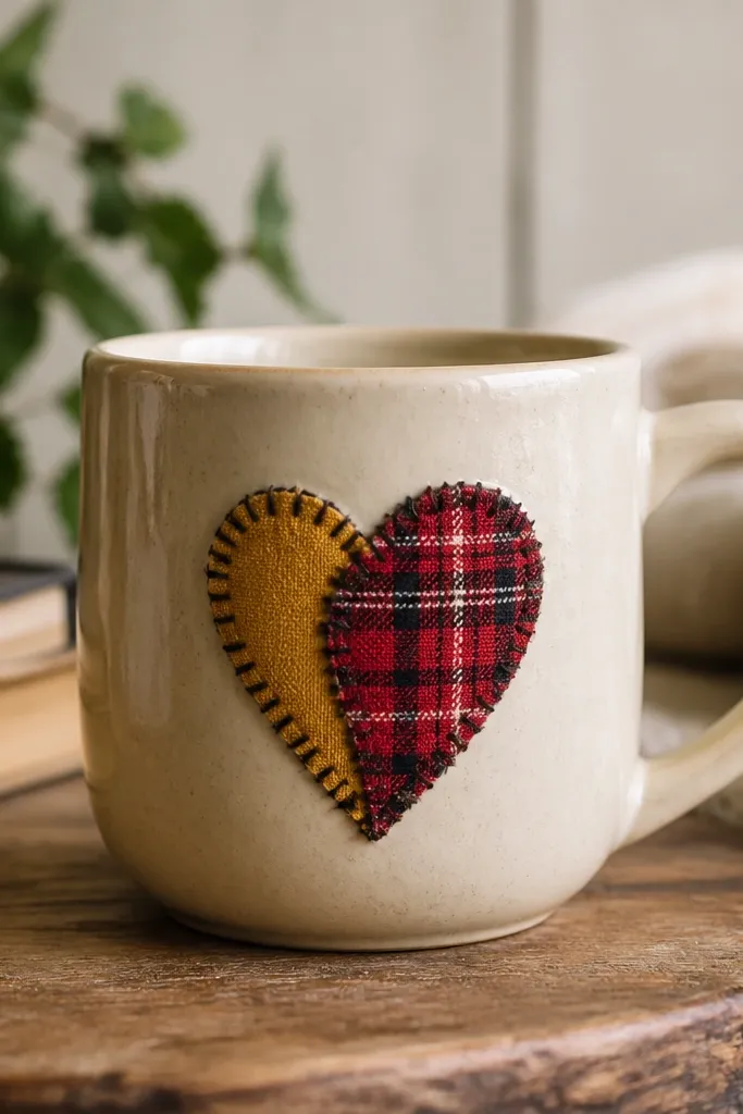 A cream mug with a heart patch on the front made from layered fabric scraps. The top fabric is red flannel, one side is mustard cotton, and the edges are stitched with dark thread.