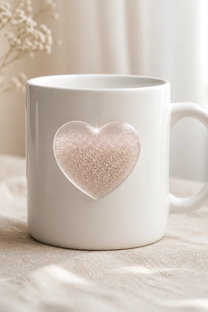 A white mug with a clear resin heart centered on the front. Inside the resin are tiny white micro pearls and a faint blush tint, with a subtle sparkle at the top point of the heart.