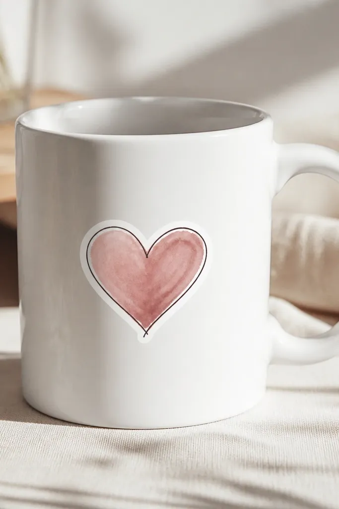 A white mug with a heart graphic that looks like a crisp sticker. The heart has a hand-drawn look, with thin charcoal lines and a soft watercolor fill in dusty rose.