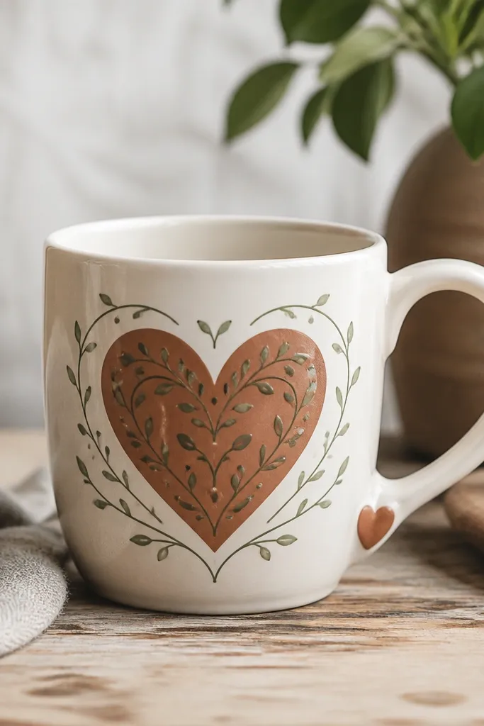 A warm white mug with a terracotta heart centered. Inside and around the heart are thin green vine lines and small leaf dots, with a tiny heart at the base of the handle.