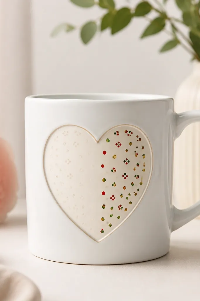 A white mug with a heart-shaped window outline. Inside the heart window are blank cream spaces with small dot clusters that can be repainted - one side shows faded dots, the other side shows fresh dots in red, green, and gold.