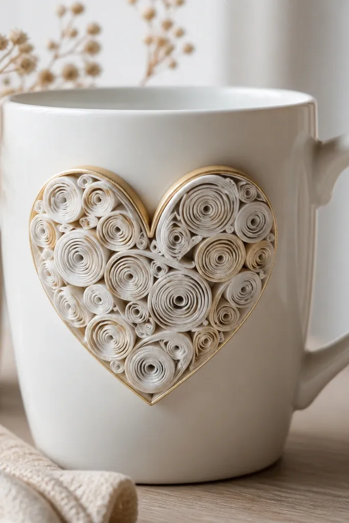 A white mug with a heart applique made from rolled paper coils. The coils are layered to form a raised heart, with gold-painted edges catching the light.