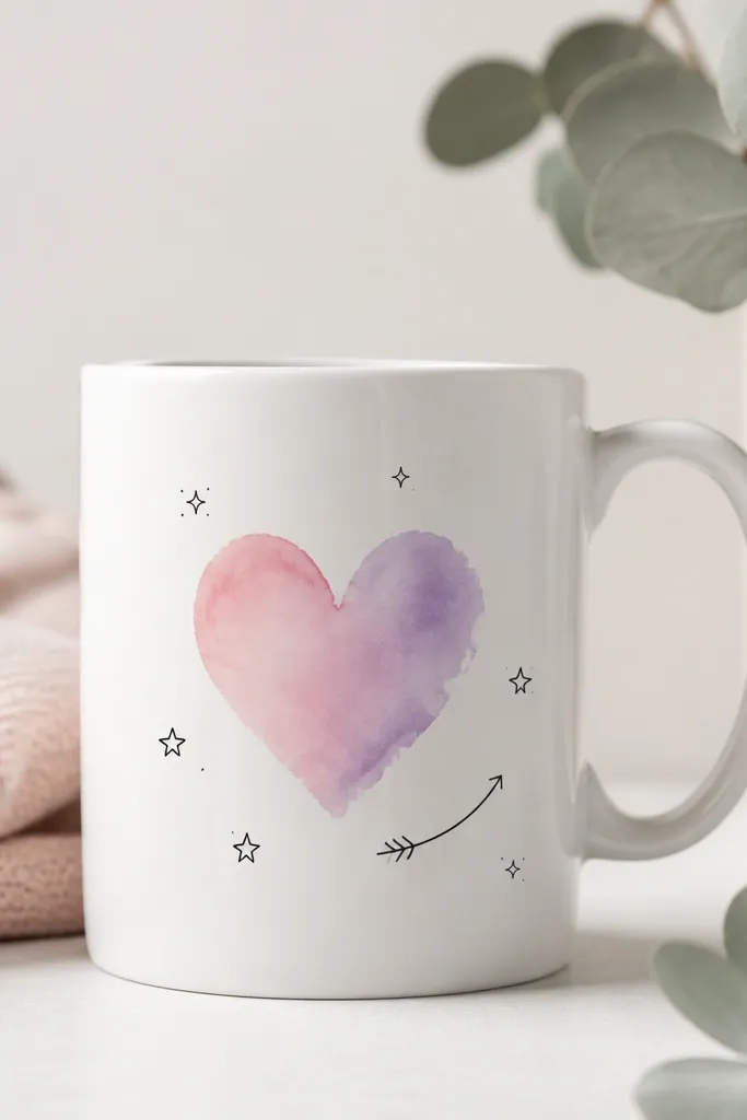 A white mug with a watercolor wash heart in soft rose and lilac. Thin black line doodles - tiny stars and a small curved arrow - sit around the heart.