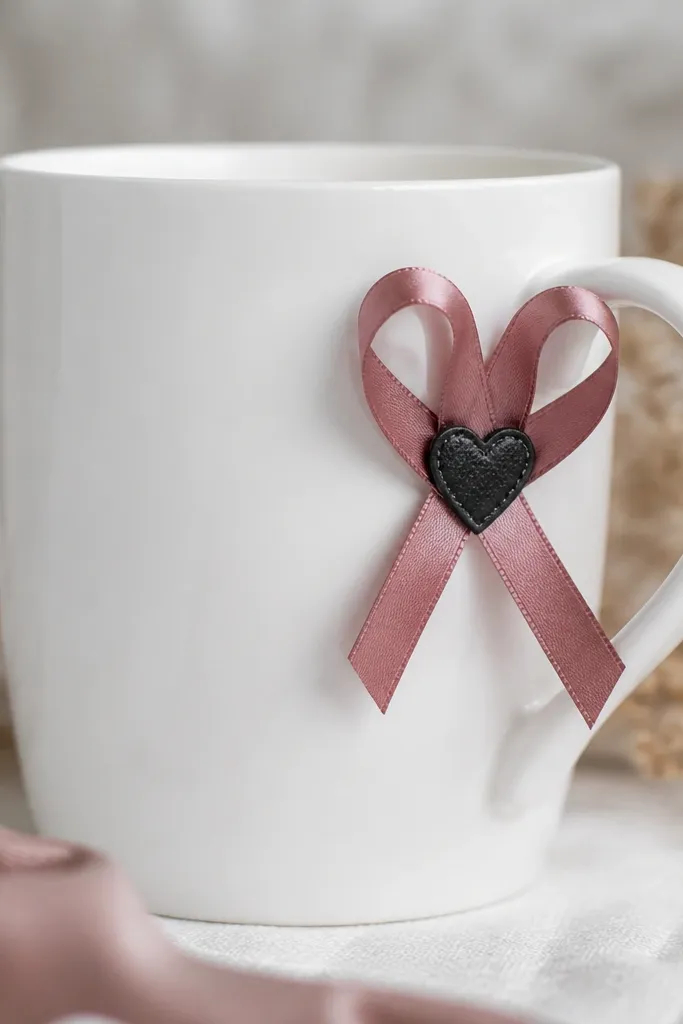 A white mug with a small heart-shaped ribbon bow clipped near the handle. The ribbon is dusty rose satin with a tiny black heart charm stitched to the center.