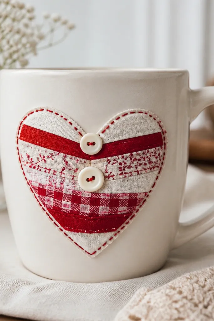 A cream mug with a heart made from layered fabric strips in red and white. Two small round buttons sit at the heart top point and center, with hand-stitched thread around the heart edges.
