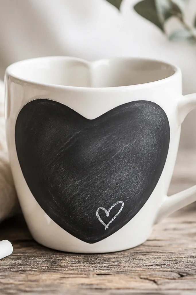A black chalkboard-style area on a white mug shaped like a heart. Inside, faint smudges and a small drawn white heart are visible, with room for new chalk writing.