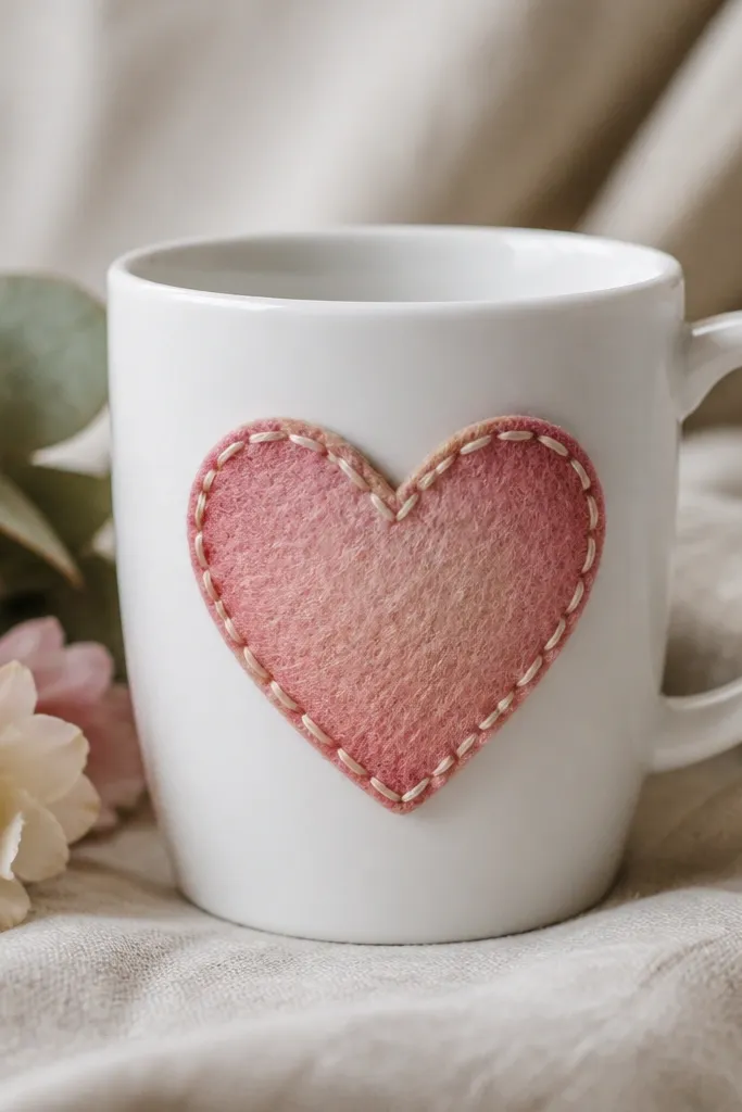 A white mug with a felt heart applique. The felt has a gradient from blush to dusty rose at the edges, and a cream stitched border runs around the heart outline.