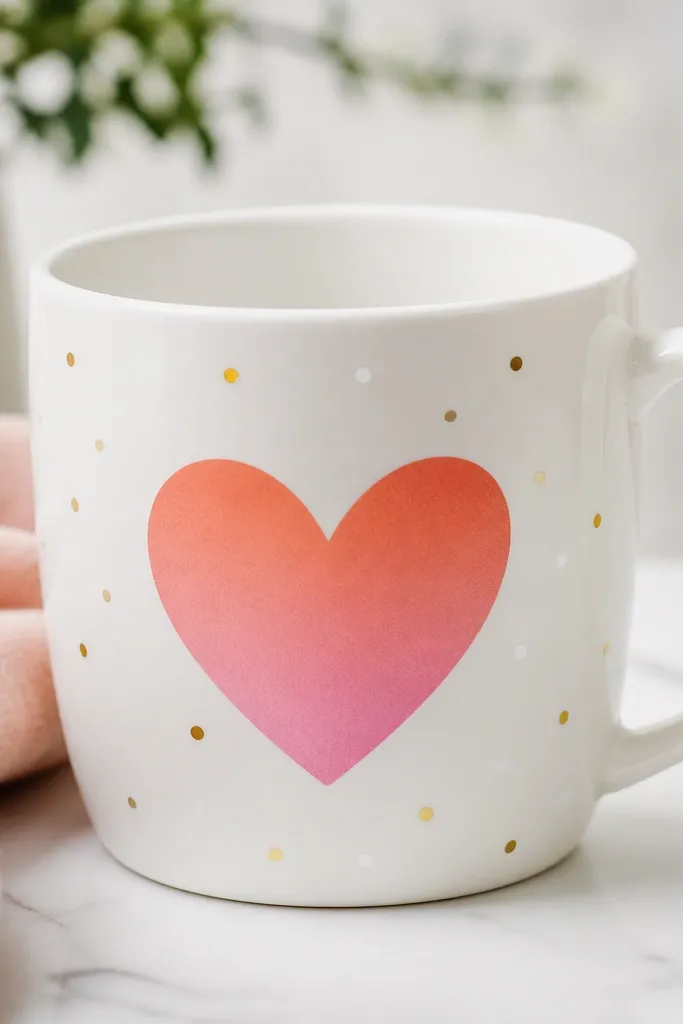 A white mug with an ombré heart that goes from coral at the top to pink at the bottom. Around the heart are scattered tiny confetti dots in gold and white.