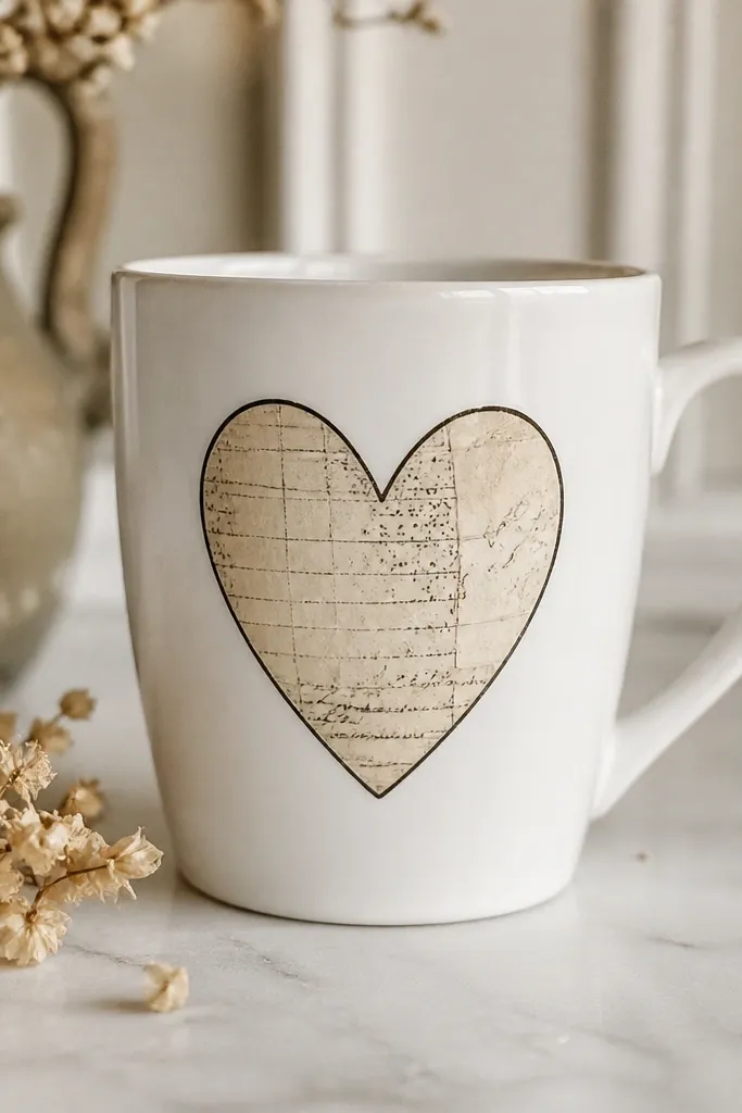 A white mug with a heart filled with decoupage paper. The heart shows faint printed text lines and aged cream tones, with a thin black outline around the heart.