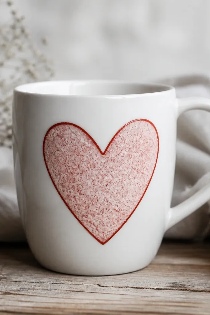 A white mug with a heart that has a textured, frosty surface. The heart is a thin red wash over a subtle salt-grain pattern, with a clean outline in darker red.