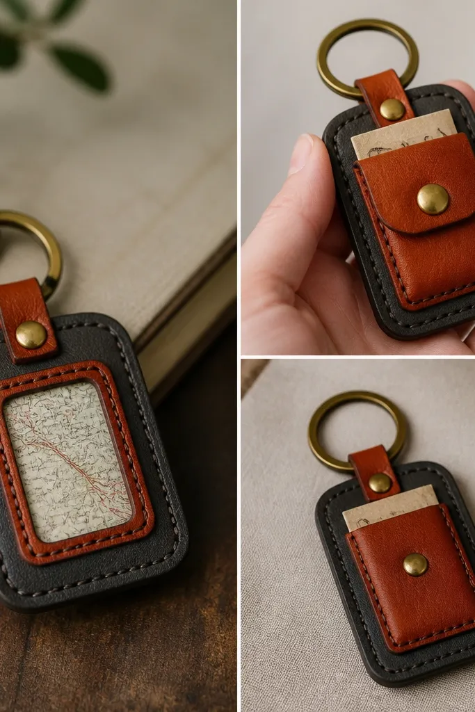 A small keychain made from two layers of faux leather in charcoal and burnt orange. A miniature map-print photo is centered in a stitched window. On the back, a tiny stitched pocket holds a folded note with a brass snap button closure.