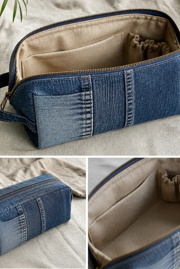 A rectangular dopp kit made from blue upcycled jeans panels. It has a zippered top, visible seam details, and a light tan canvas lining. Inside, there are two elastic loops on the right and a flat pocket on the left.