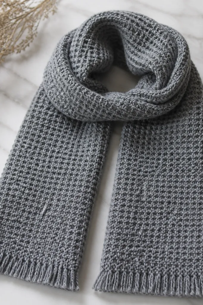 A knitted scarf with a waffle texture in heather gray. The ends are neatly finished with short fringe. Light catches the raised stitch pattern, and the scarf lies flat showing even thickness.