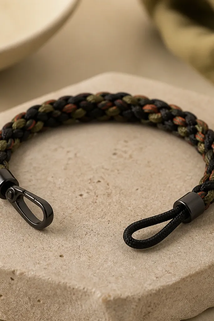 A braided bracelet made from three colors: black, olive, and a small stripe of rust. One end has a small metal clip and the other end has a cord loop. The braid looks tight and even with a slight shine.