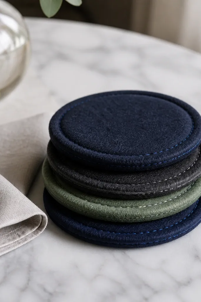 Four round felt coasters in deep navy, charcoal, and one muted green. Each coaster has stitched edges in matching thread and a slightly raised center. They're stacked with a small cloth napkin beside them.