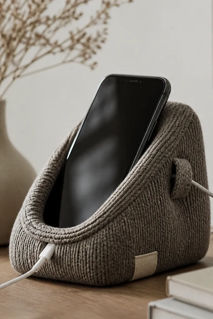 A phone stand carved from an old knit sweater. The front has a smooth curved opening. There's a stitched cable loop on the side and a small tag label sewn near the base.
