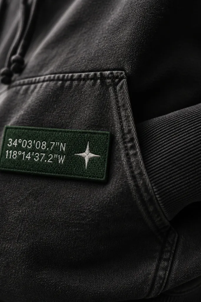 A rectangular embroidered patch in dark green with white thread. It shows small stitched coordinates and a simple star icon. The patch is sewn onto a washed black hoodie pocket area.