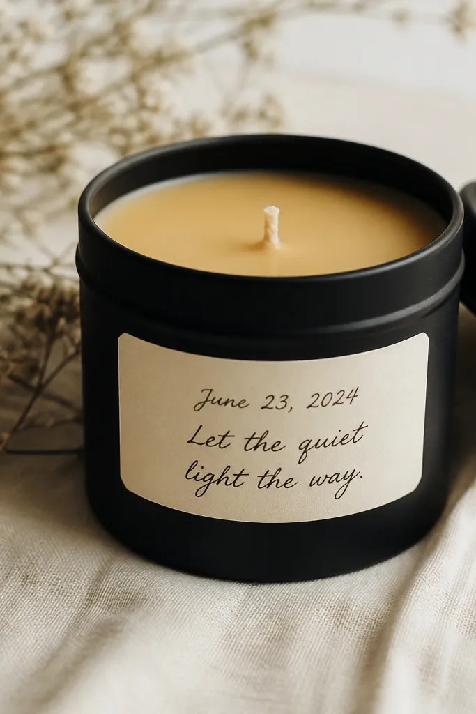 A small candle tin with a matte black finish and a hand-lettered cream label. The label includes a date and a short line written in neat script. The wax surface is smooth and pale gold.