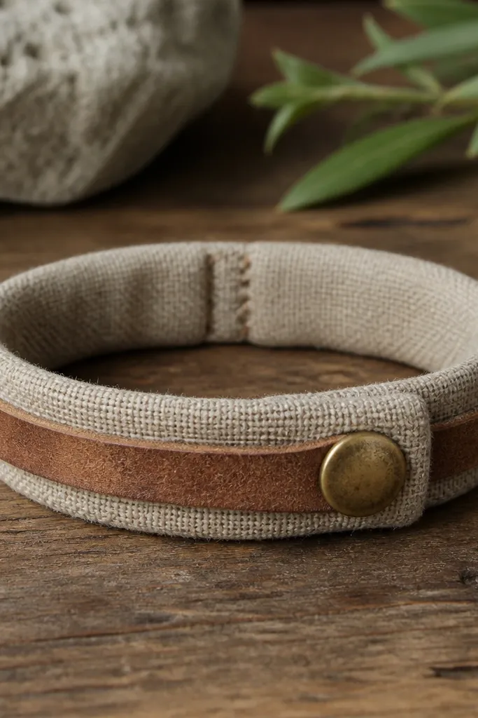 A wrap bracelet made from natural linen with a small stitched seam. A thin strip of tan leather wraps around it and closes with a brass snap. The bracelet looks worn-in and sits flat.