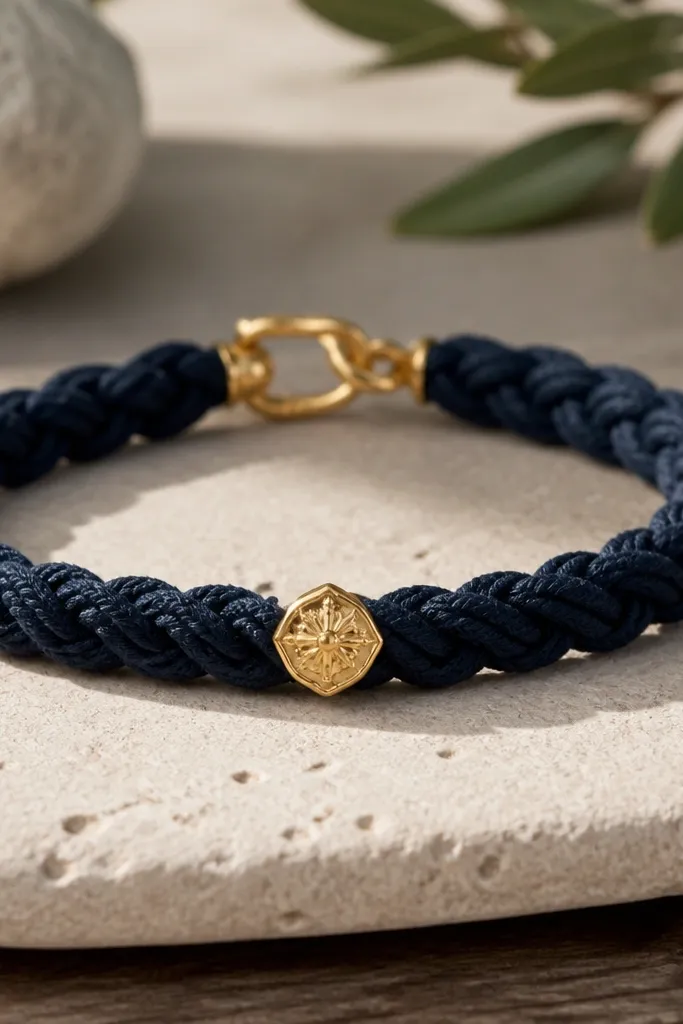 A thick braided rope bracelet in dark navy with a single small gold charm at the center. The knot texture is visible and tight, and the clasp is a simple metal hook.