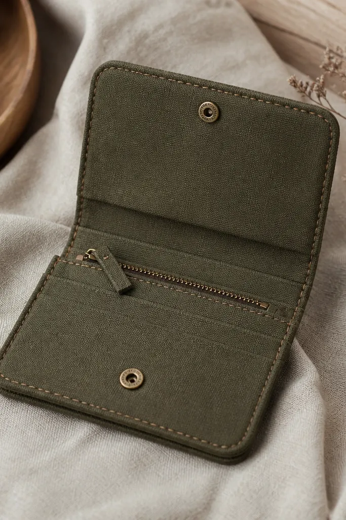 A slim canvas wallet in olive with tan stitching. It has a flap that closes with a button, and inside there are card slots and a zippered coin pocket. The edges are slightly rounded and neatly stitched.