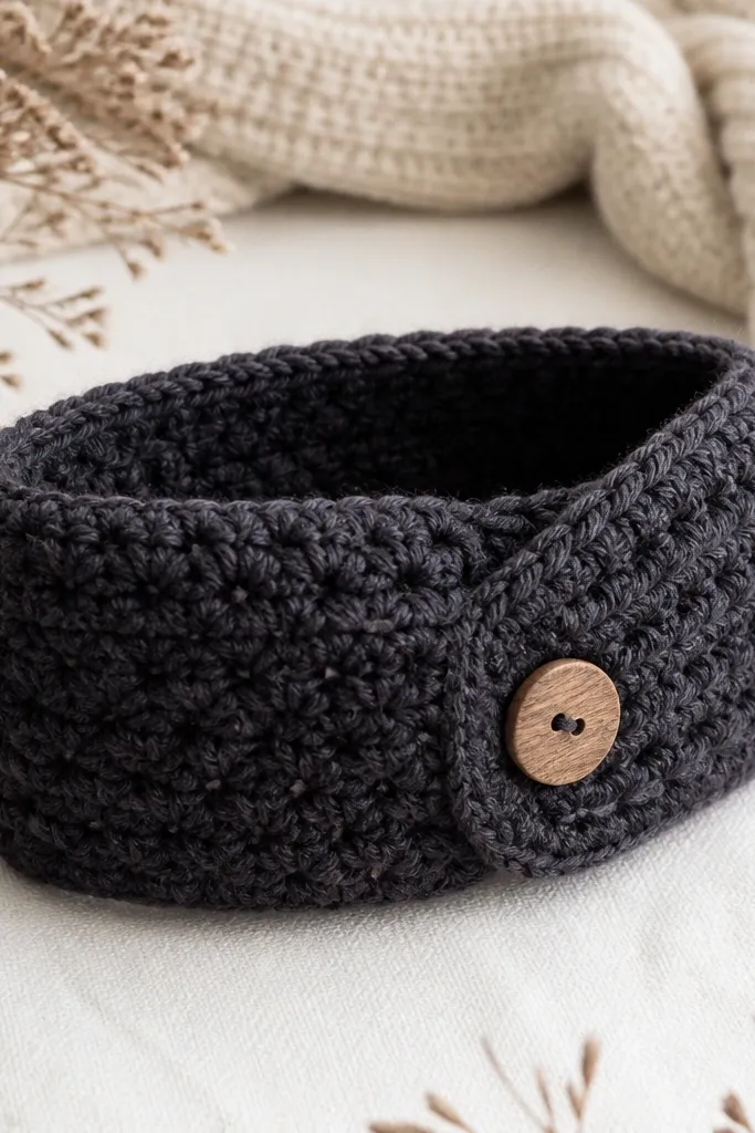 A crocheted headband in charcoal with a soft texture. There's a small wooden button on one side and a neat seam line that sits flat. The headband stretches gently and looks thick enough for cold weather.
