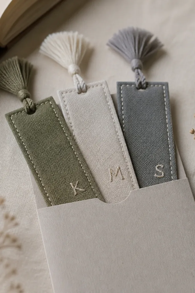 A set of three fabric bookmarks in muted colors. Each has a stitched edge, a small tassel, and a tiny embroidered initial on the corner. They're shown folded in a small paper sleeve.
