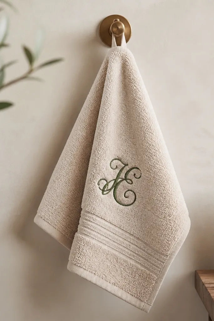 A small hand towel in light beige with a dark green stitched monogram. The towel has a loop for hanging and a woven stripe detail near the hem. The fabric looks soft and plush.
