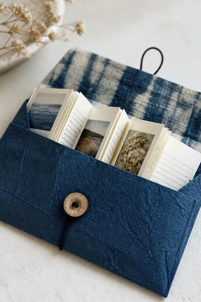 A handmade envelope made from textured paper in deep blue. It has a fabric flap and a round button closure. Inside, a small accordion-style mini page set shows photos and handwritten lines.
