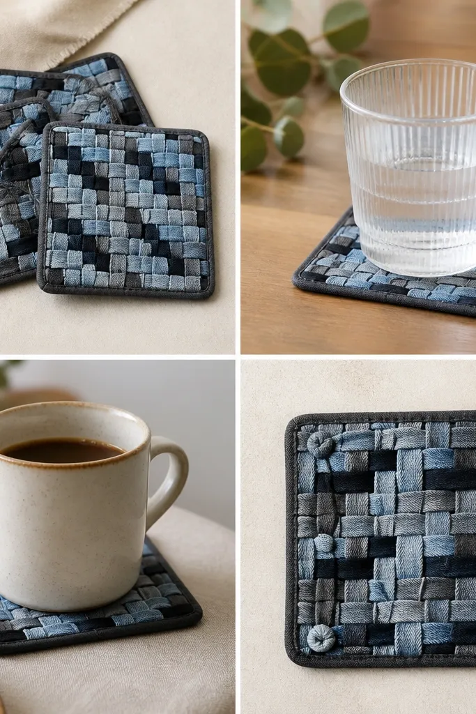 Four woven coasters made from fabric strips. The pattern is a checker-like weave in gray, black, and light denim blue. The edges are trimmed and the underside looks tidy with finished knots.
