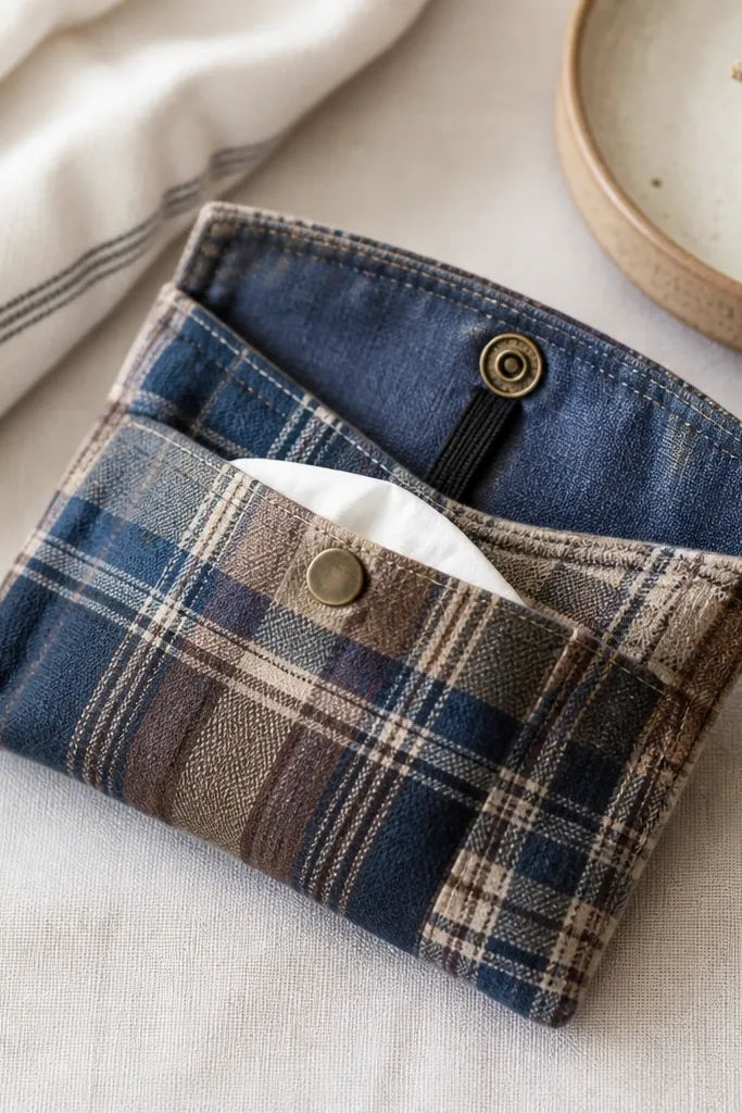 A compact tissue holder sewn from a worn plaid shirt. It has a snap button closure and a small interior elastic loop. The outside shows visible seam lines and a clean top edge.