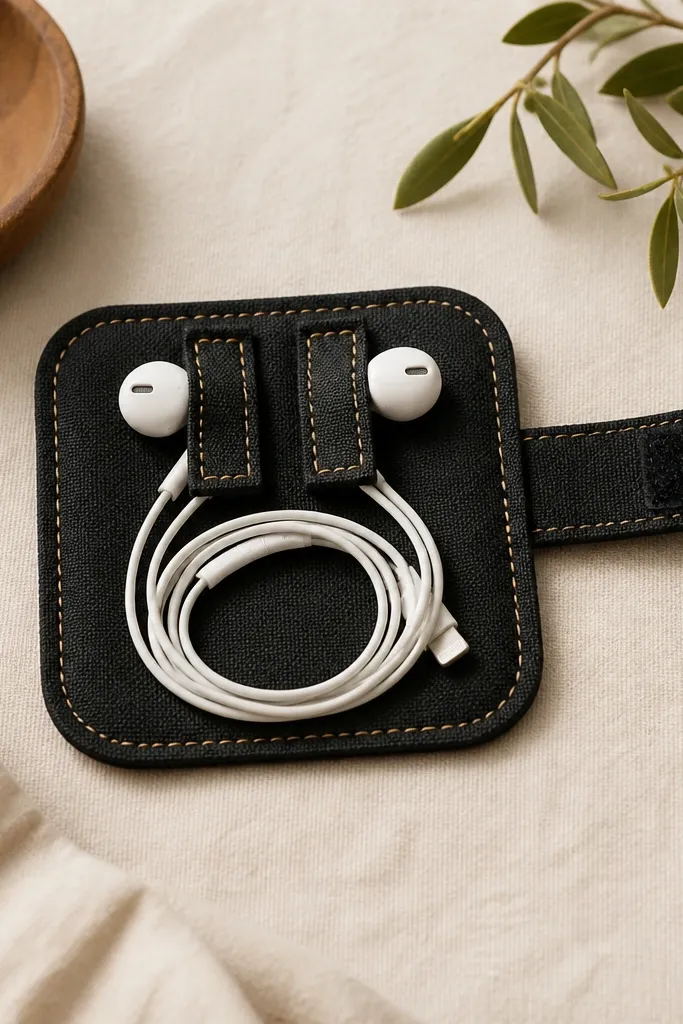 A small fabric earbud wrap in black with tan stitching. It has two stitch tabs that hold the earbuds in place and a side strap with a velcro closure. The wrap looks flat and neatly finished.